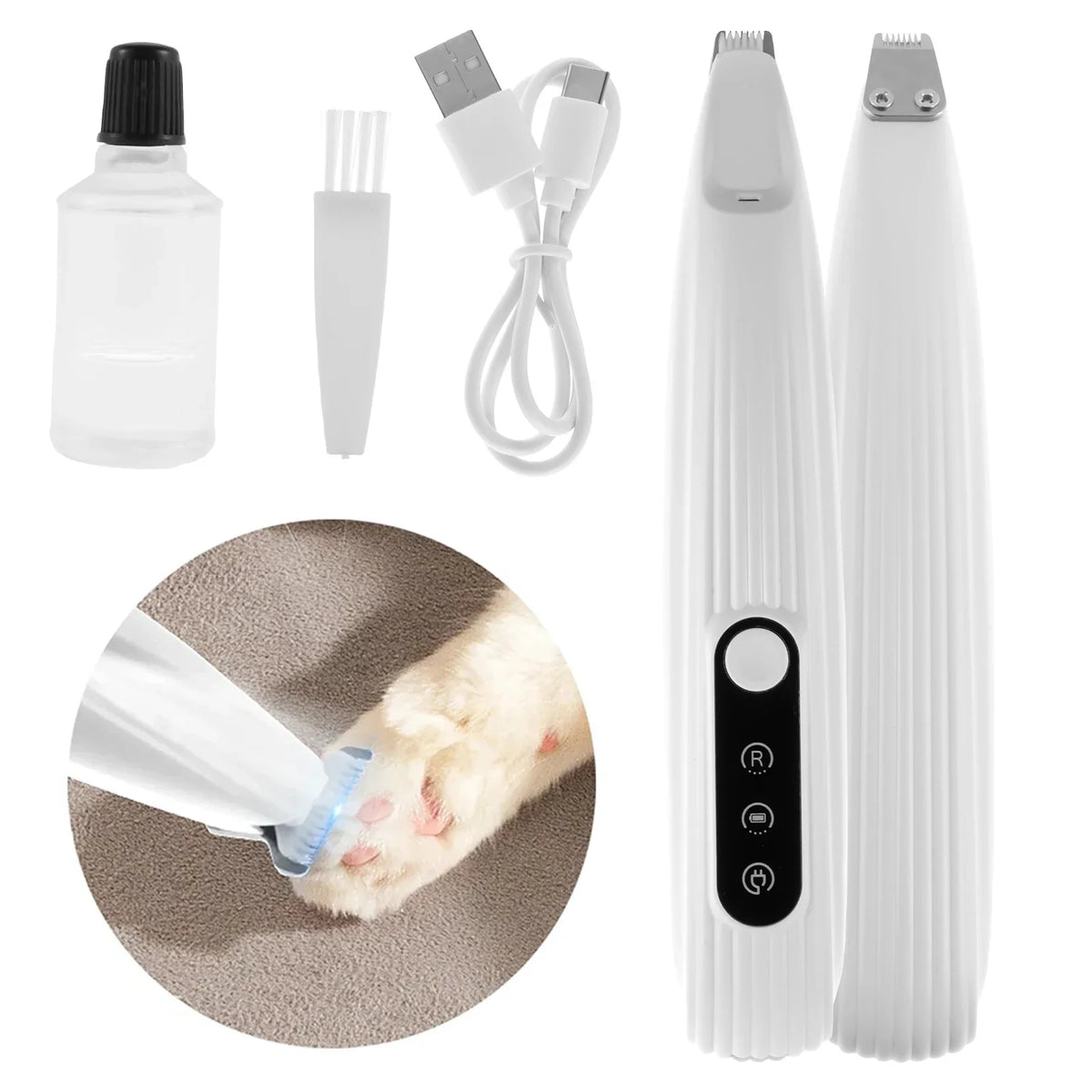 TidyPaw dog and cat paw trimmer with charging cable, oil bottle and cleaning brush