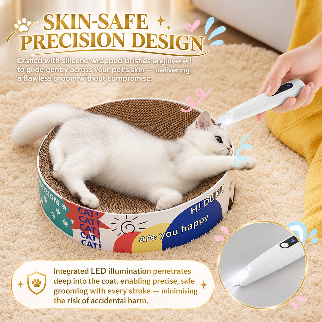 Pet-friendly rounded blade design on the TidyPaw trimmer, used on a cat