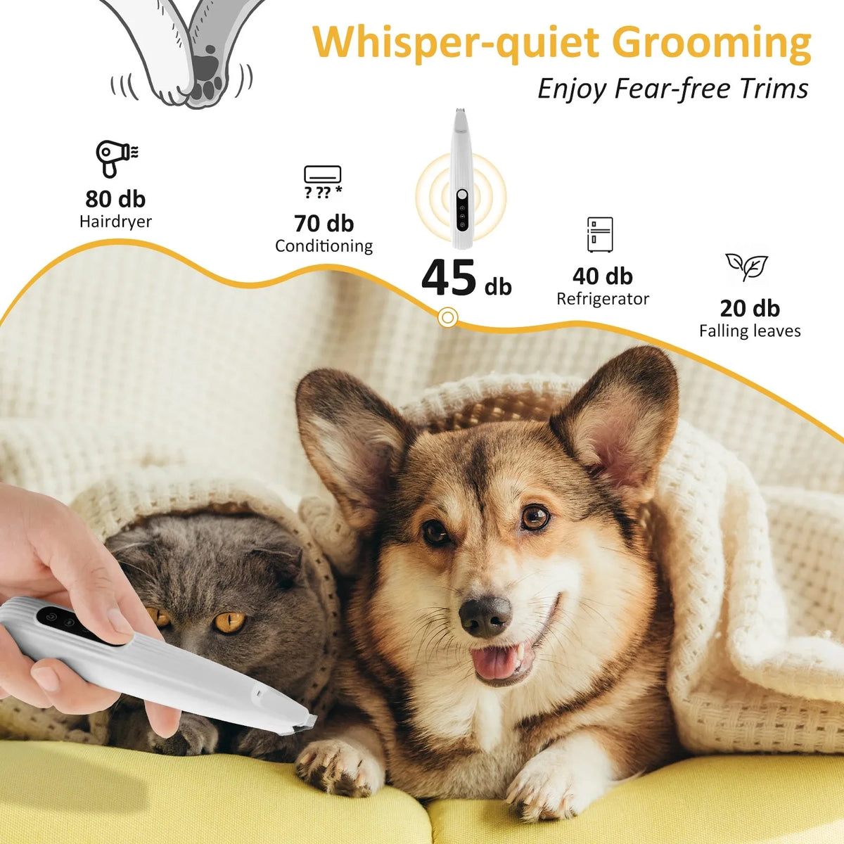 Quiet low-noise pet grooming with the TidyPaw trimmer, dog and cat relaxing