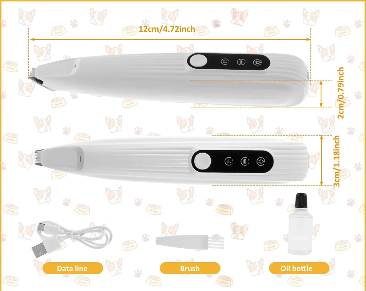 TidyPaw paw trimmer size diagram showing 12cm length with cable, brush and oil bottle