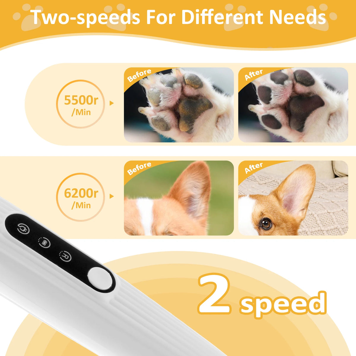 TidyPaw trimmer two speed settings for different coat types