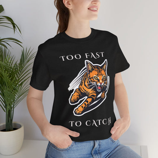 Too Fast To Catch cat t-shirt — back view on model