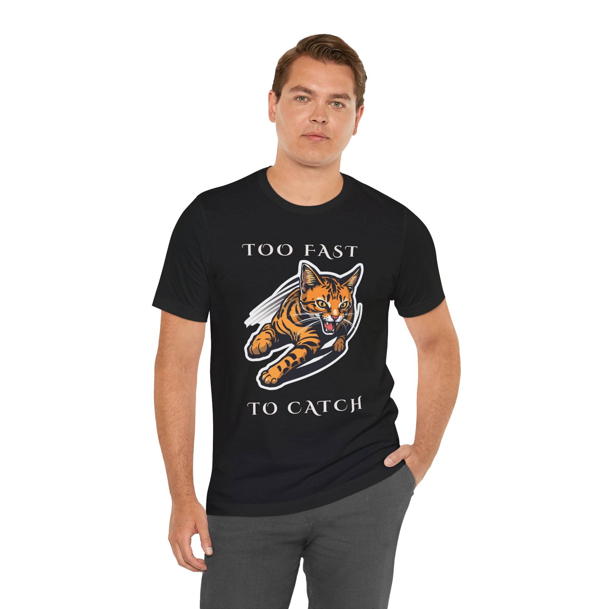 Too Fast To Catch cat t-shirt — Dark Grey Heather colour option