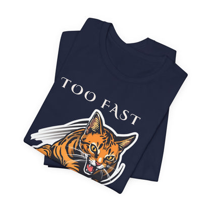 Too Fast To Catch cat t-shirt — model pose two