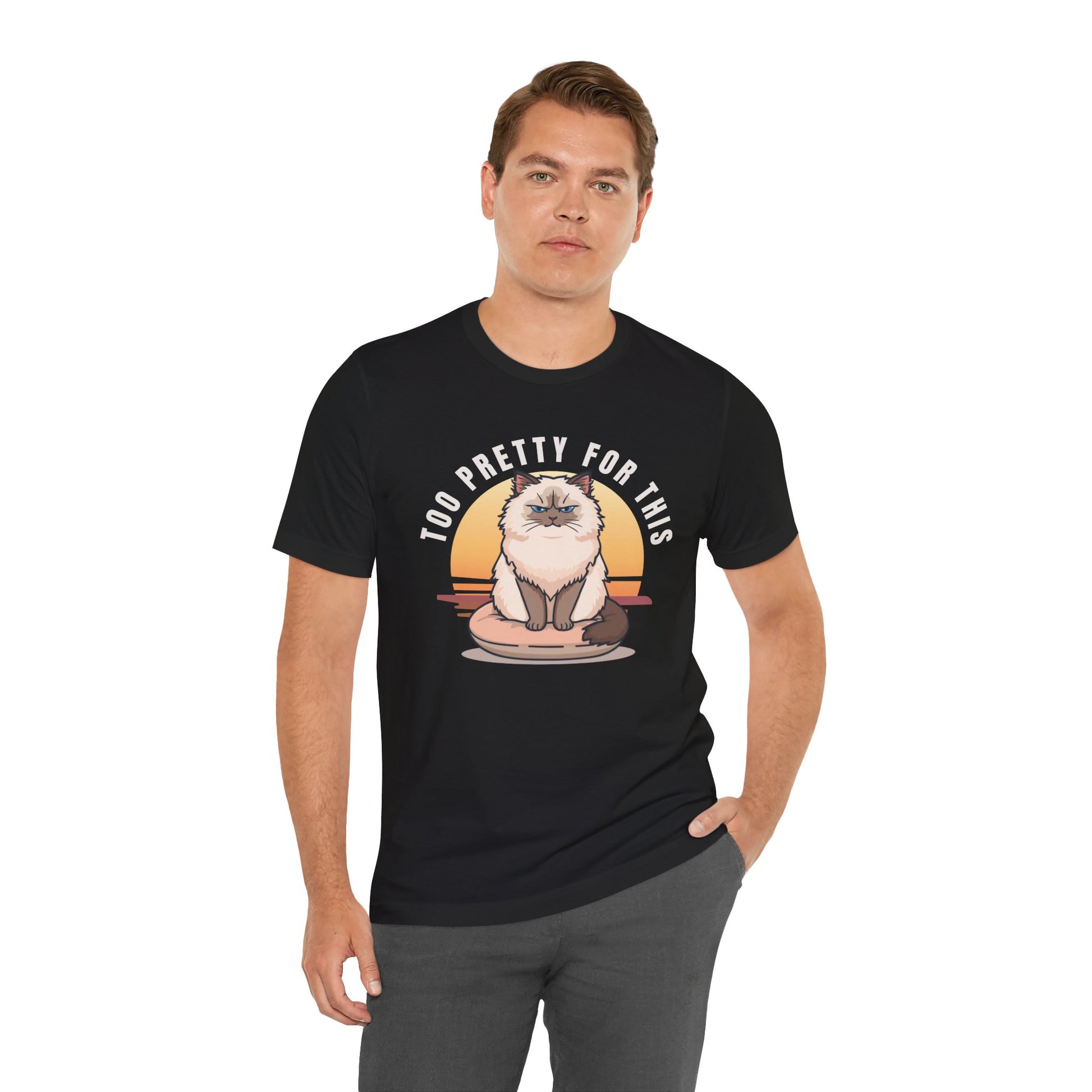Too Pretty For This cat t-shirt — Dark Grey Heather colour option