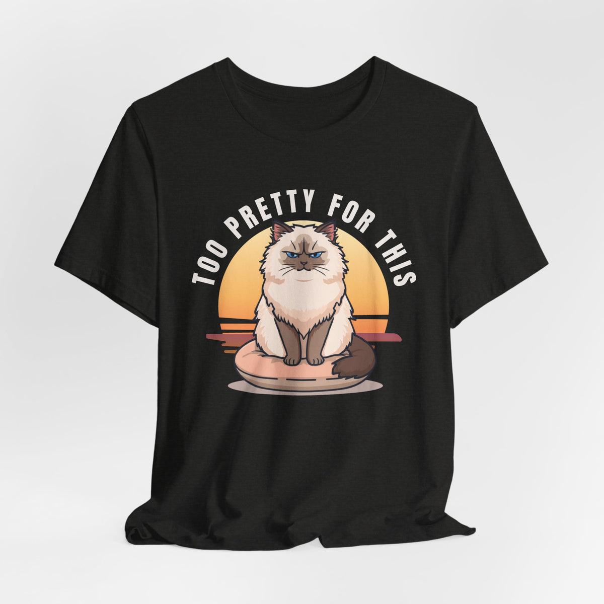 Too Pretty For This cat t-shirt — lifestyle photo with cat