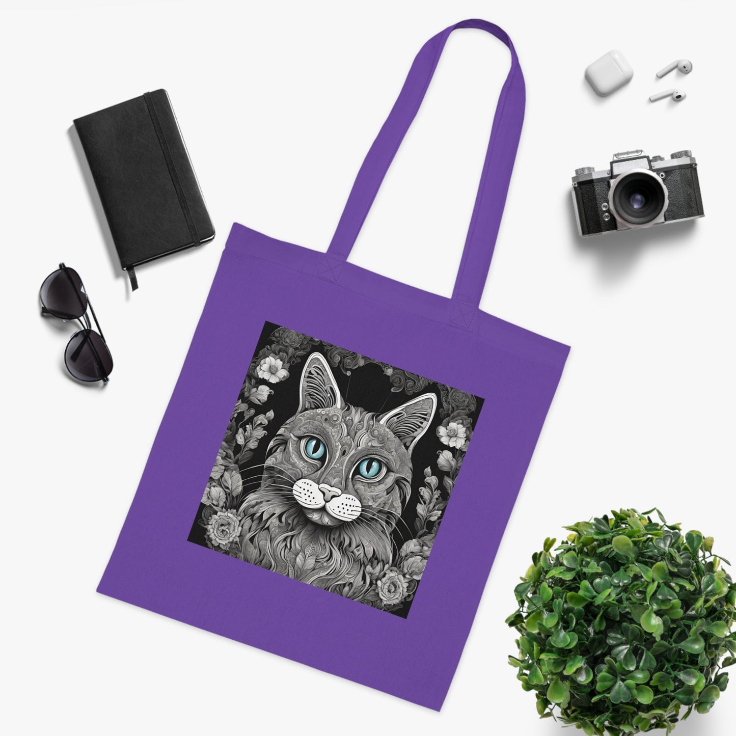 PawInk™ mandala cat art cotton tote bag purple — cat lover gift, free worldwide delivery tote bag