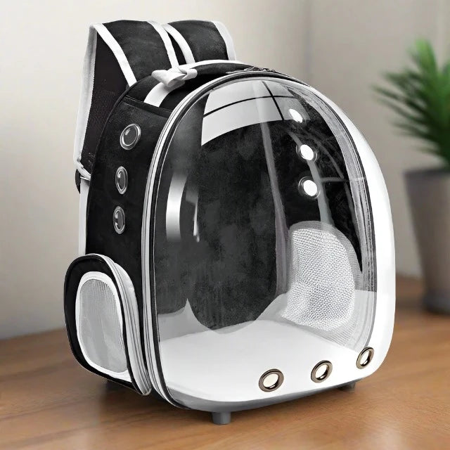 Transparent Capsule Bubble Pet Backpack out and about with owner — SniffWaggleNWalk