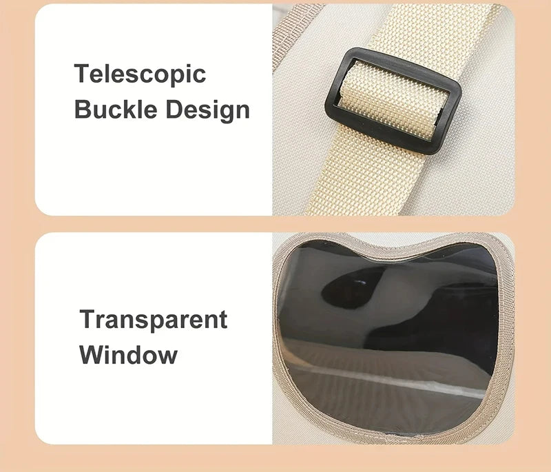 Close-up of SnuggleGo™ telescopic buckle and transparent cat-shaped window detail