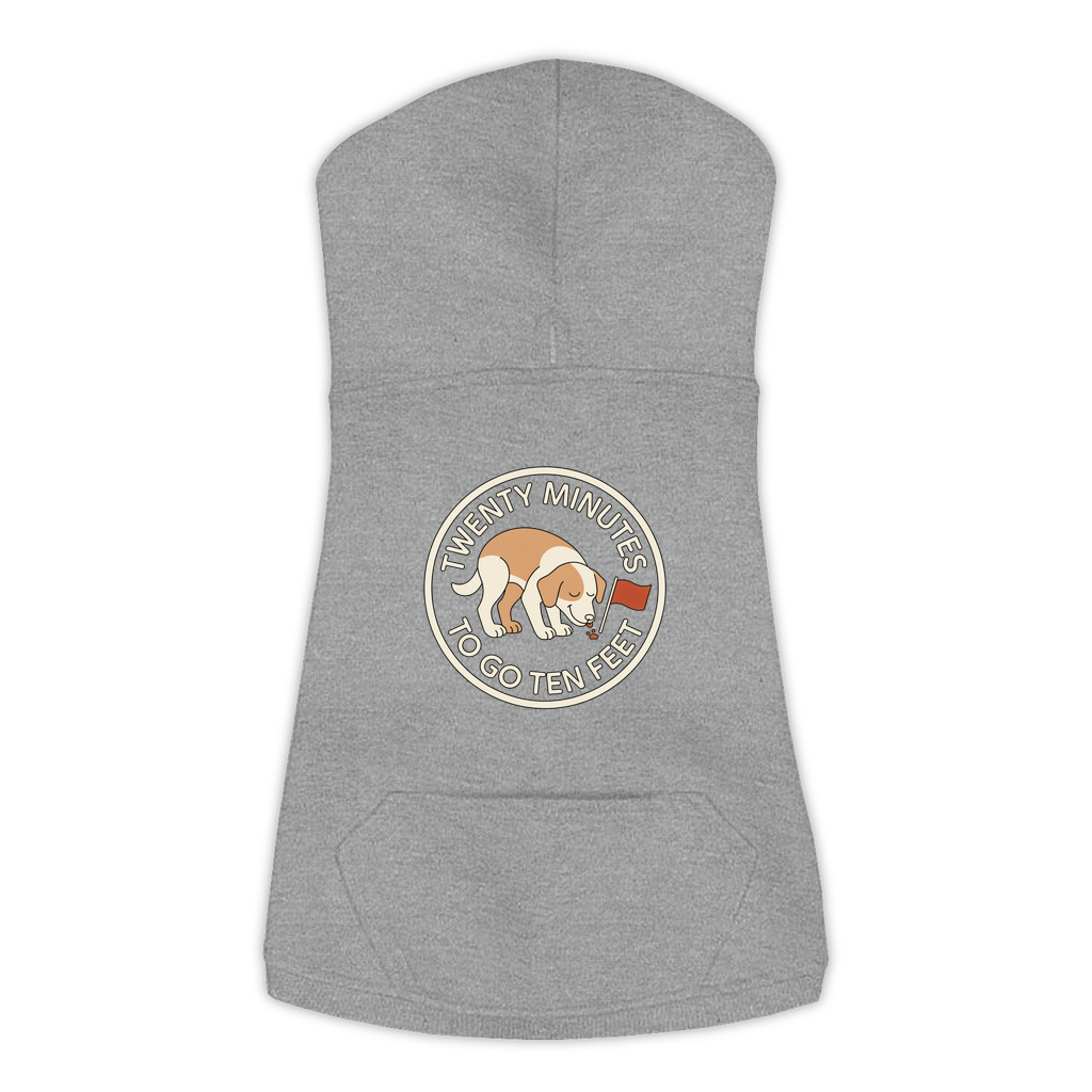 Twenty Minutes To Go Ten Feet dog hoodie in Granite Heather - back print, sizes L to 3XL