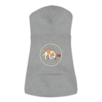 Twenty Minutes To Go Ten Feet dog hoodie in Granite Heather - back print, sizes L to 3XL