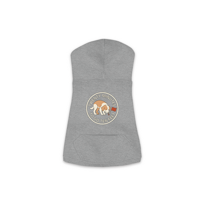 Twenty Minutes To Go Ten Feet dog hoodie in Granite Heather - back print, sizes XS to M