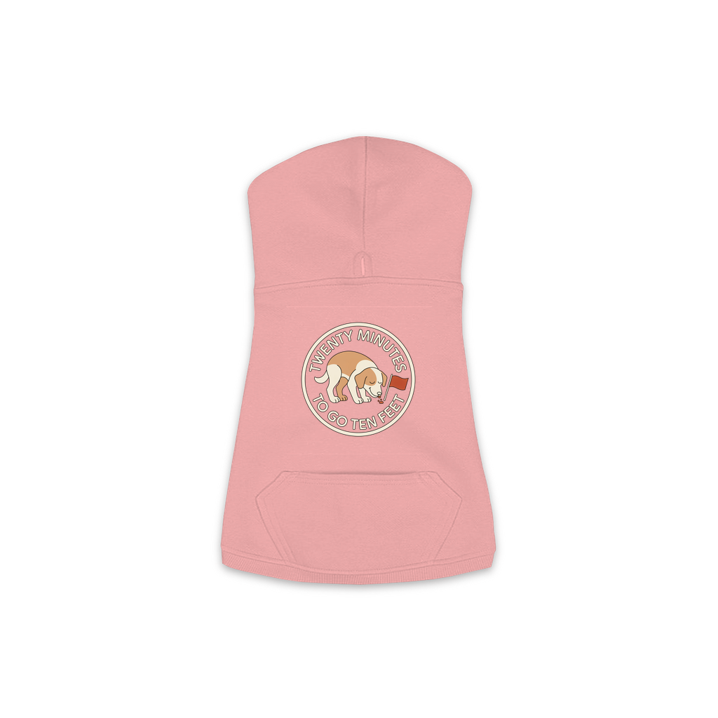 Twenty Minutes To Go Ten Feet dog hoodie in Mauvelous - back print, sizes XS to M