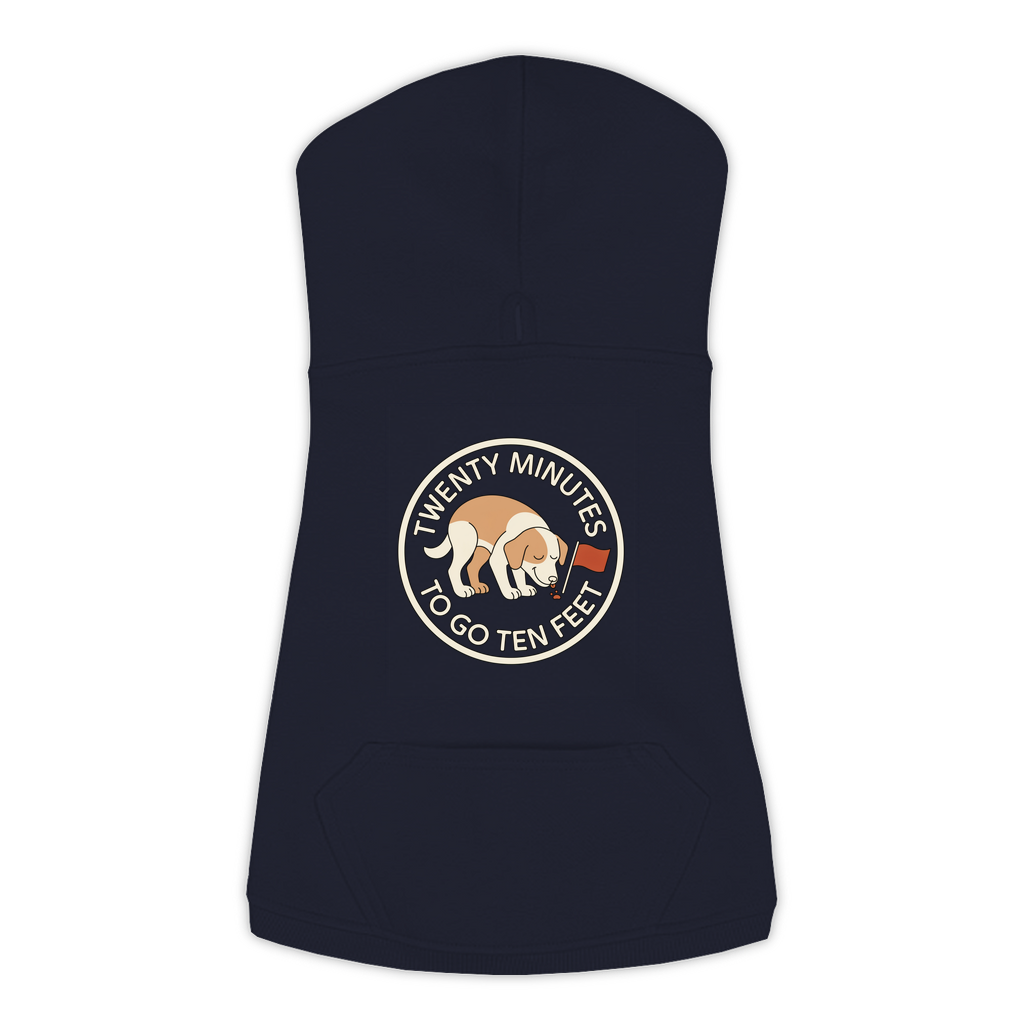 Twenty Minutes To Go Ten Feet dog hoodie in Navy - back print, sizes L to 3XL
