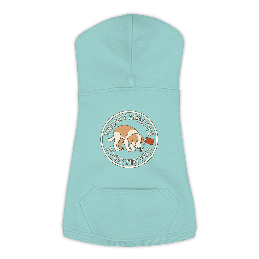 Twenty Minutes To Go Ten Feet dog hoodie in Saltwater - back print, sizes L to 3XL