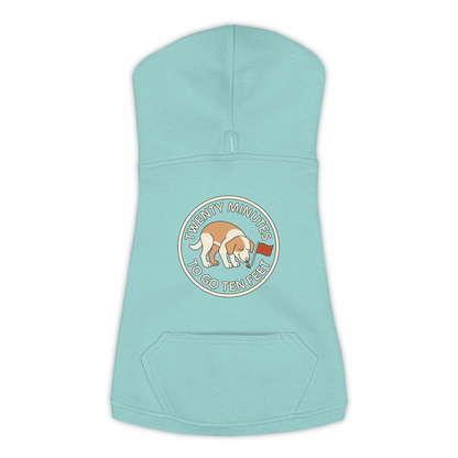 Twenty Minutes To Go Ten Feet dog hoodie in Saltwater - back print, sizes L to 3XL