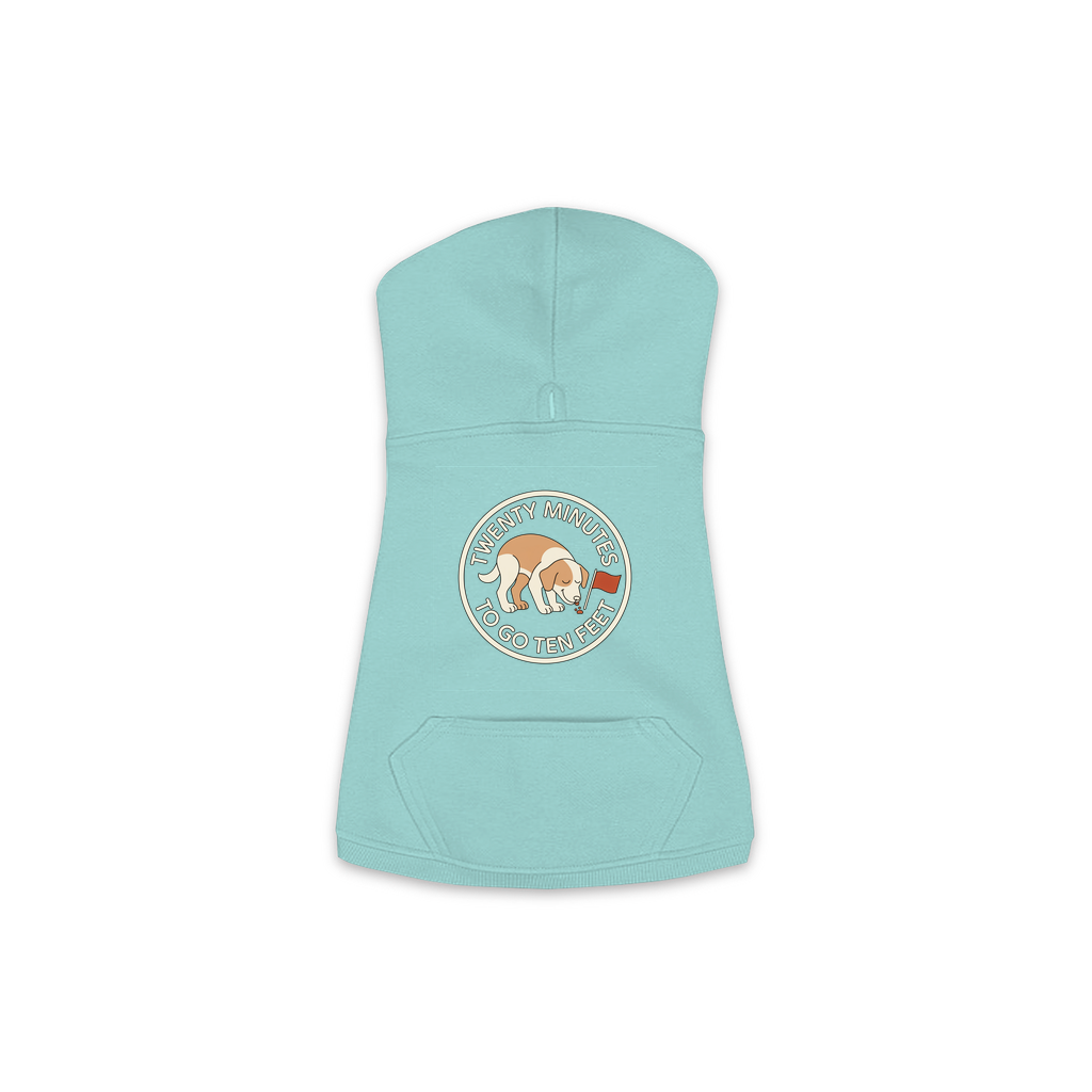 Twenty Minutes To Go Ten Feet dog hoodie in Saltwater - back print, sizes XS to M
