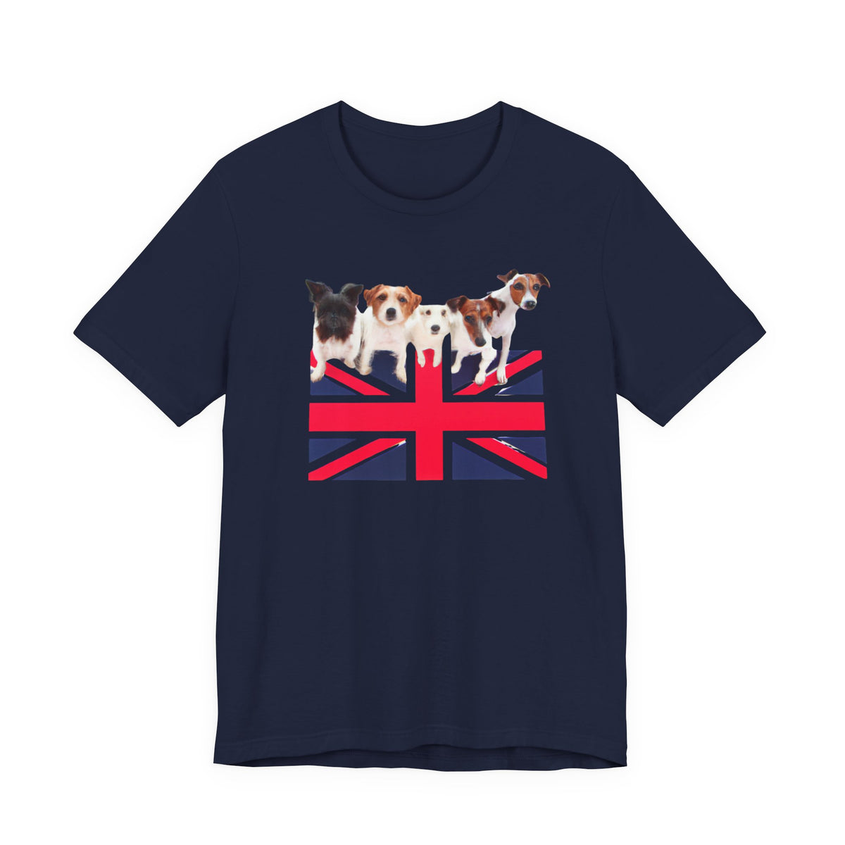 Union Jack Dog Pack T-Shirt — close-up of Union Jack flag and terrier print