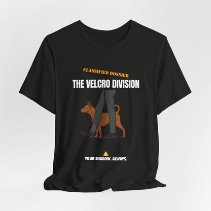 Velcro Division dog t-shirt flat lay