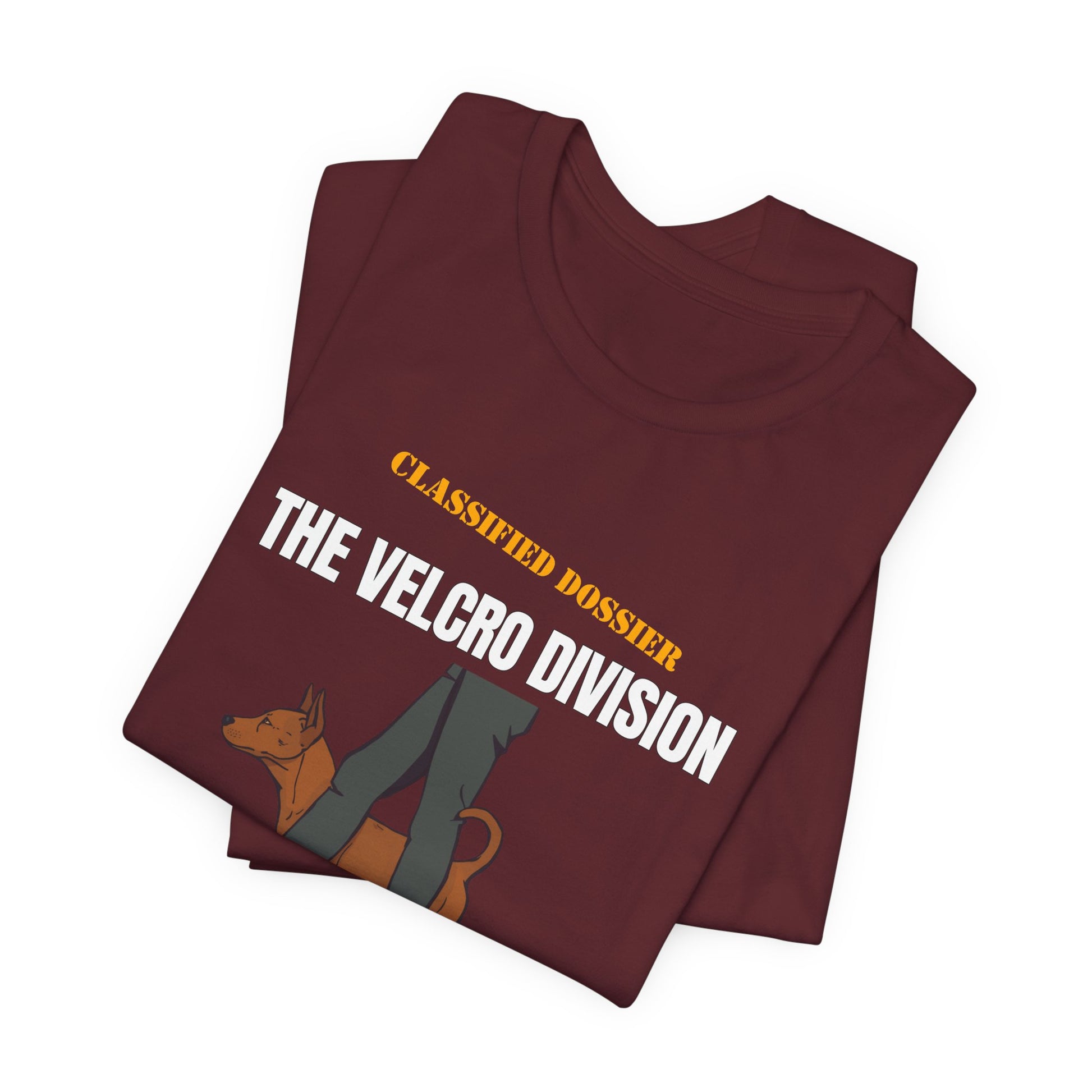 Velcro Division dog t-shirt worn with jeans