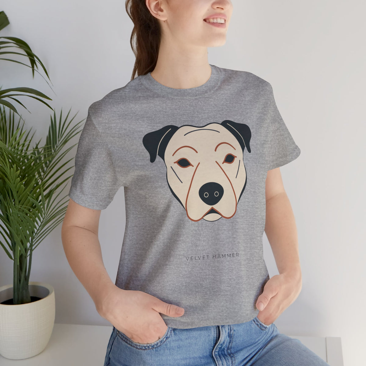 Velvet Hammer Staffordshire Bull Terrier t-shirt in athletic heather, front view