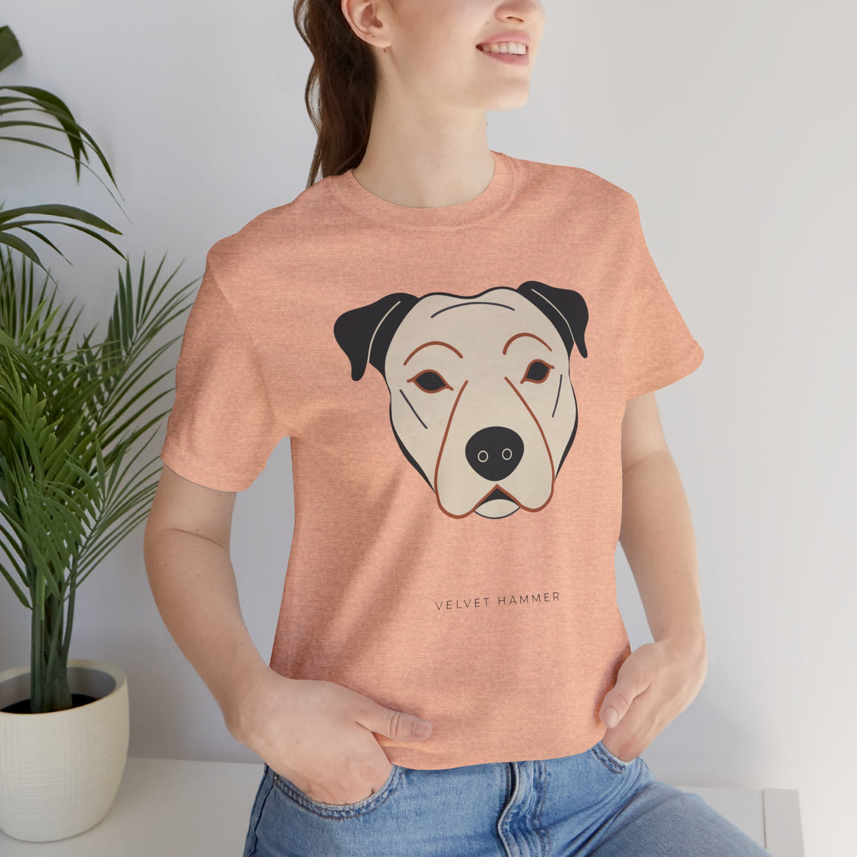 Velvet Hammer Staffordshire Bull Terrier t-shirt in heather peach, front view
