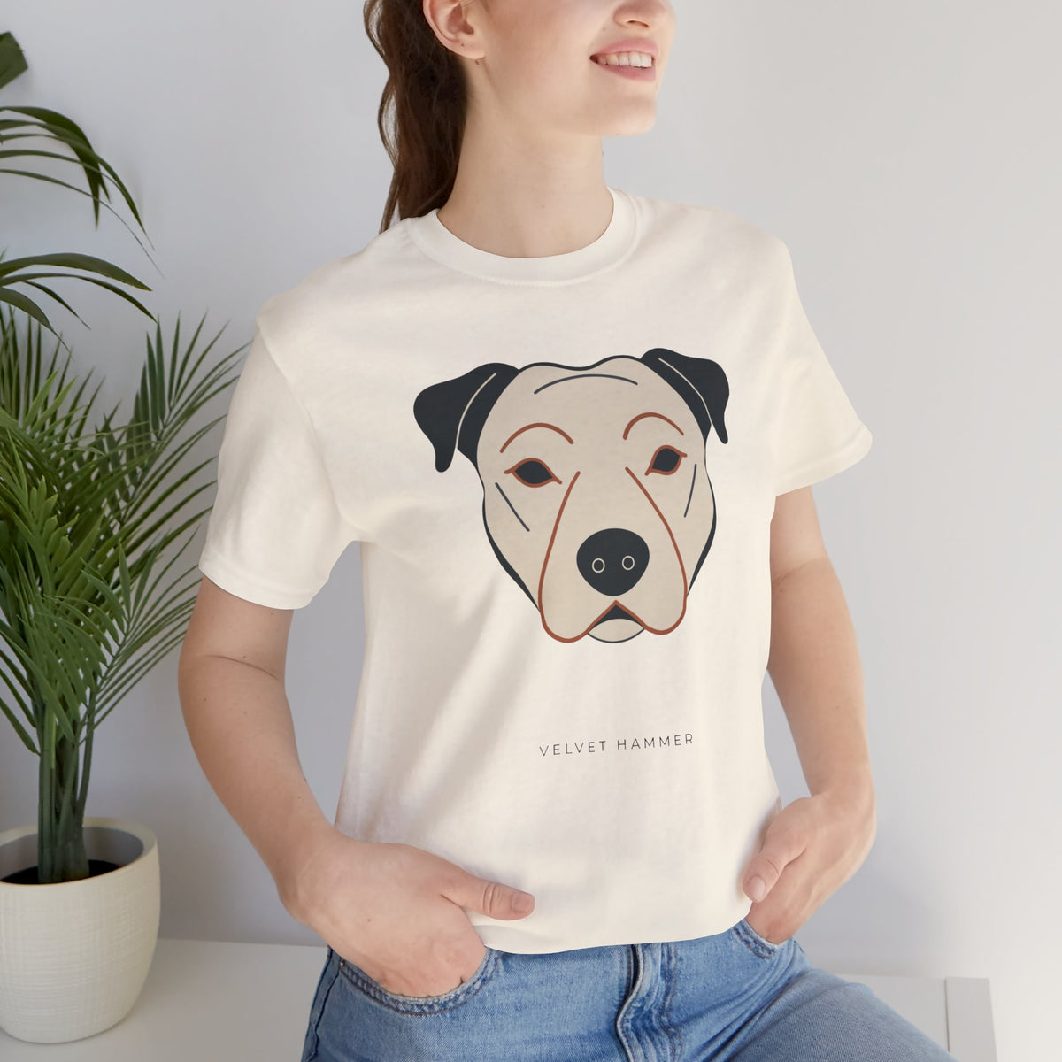 Velvet Hammer Staffordshire Bull Terrier t-shirt in natural, front view