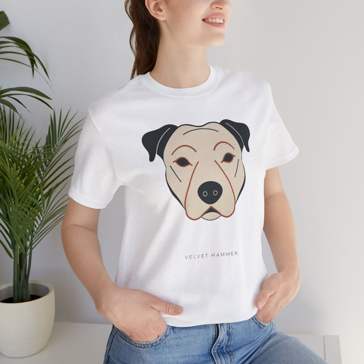 Velvet Hammer Staffordshire Bull Terrier t-shirt in white, front view