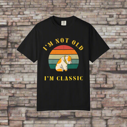 Vintage Dog Classic grumpy dog t-shirt in Black, design close-up