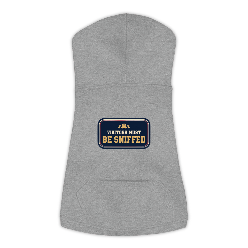 Visitors Must Be Sniffed funny dog hoodie in granite heather grey, sizes L to 3XL