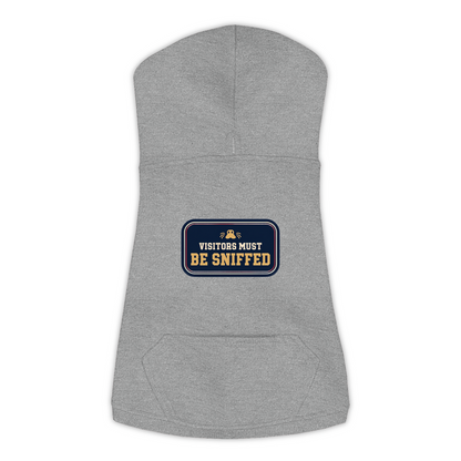 Visitors Must Be Sniffed funny dog hoodie in granite heather grey, sizes L to 3XL
