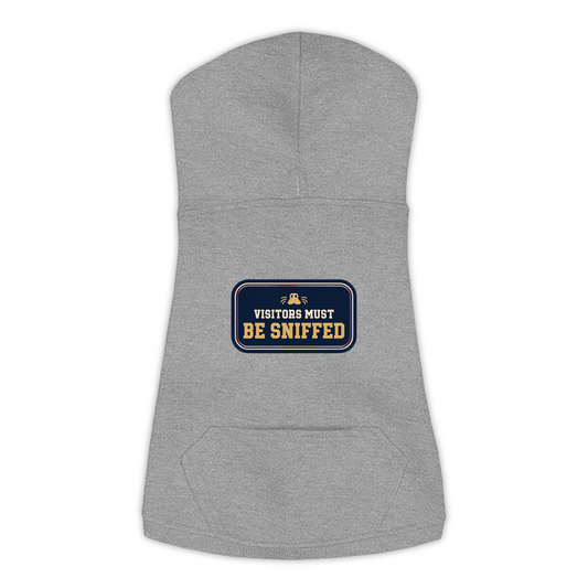 Visitors Must Be Sniffed funny dog hoodie in granite heather grey, sizes L to 3XL