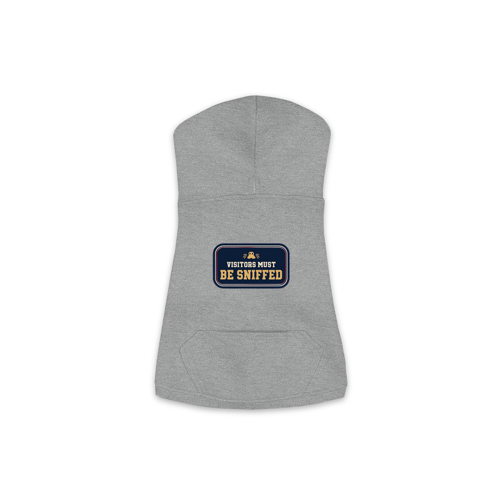Visitors Must Be Sniffed dog hoodie in granite heather grey, sizes XS to M