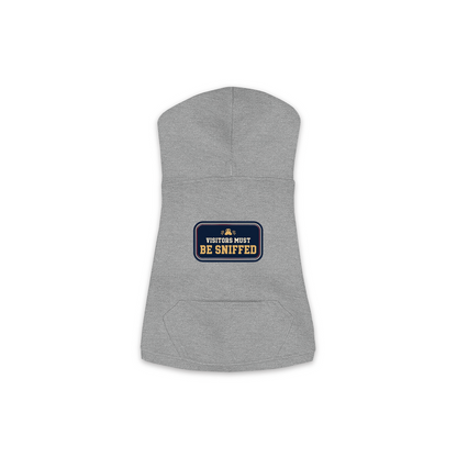 Visitors Must Be Sniffed dog hoodie in granite heather grey, sizes XS to M