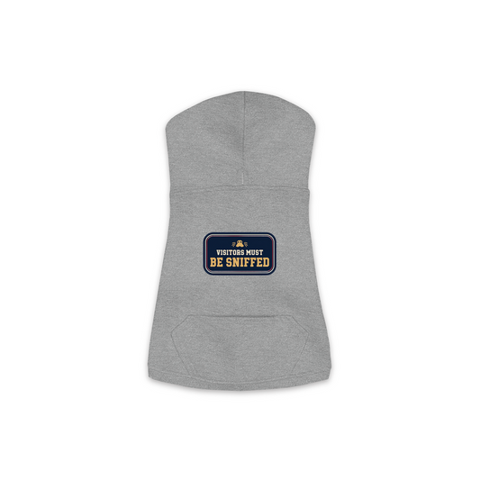 Visitors Must Be Sniffed dog hoodie in granite heather grey, sizes XS to M