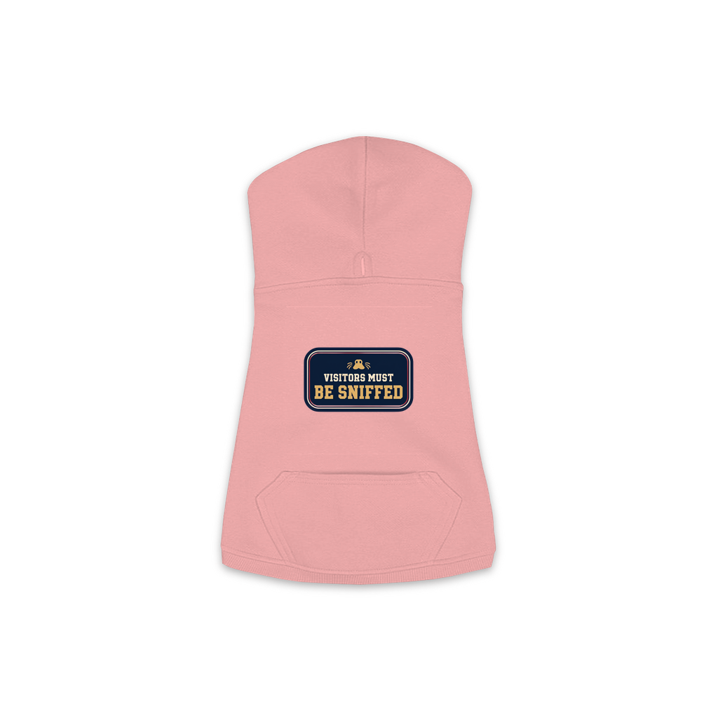 Visitors Must Be Sniffed dog hoodie in mauvelous pink, sizes XS to M