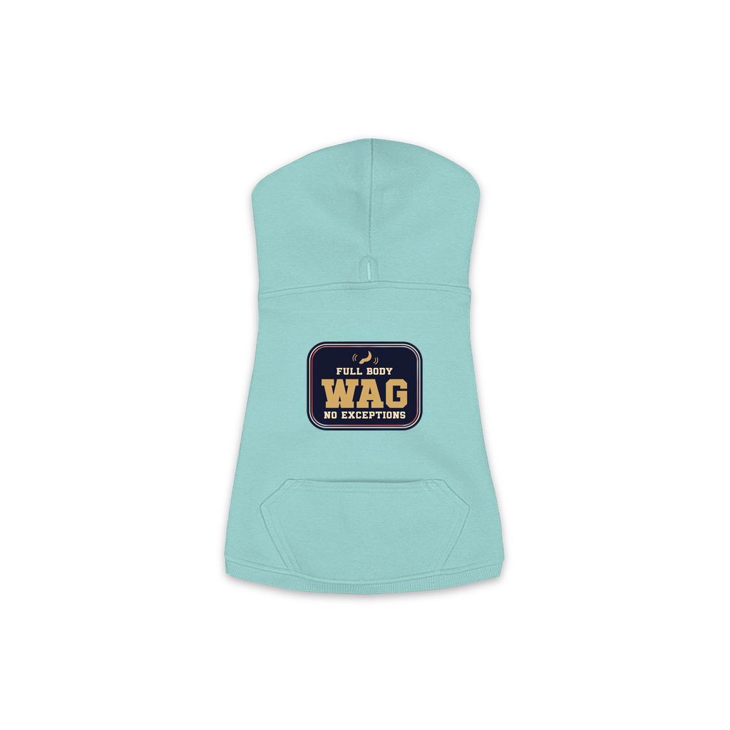 Full Body Wag dog hoodie in saltwater blue, sizes XS to M