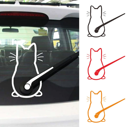 hite cat wagging tail car sticker on a hatchback rear window with the tail piece installed on the wiper.
