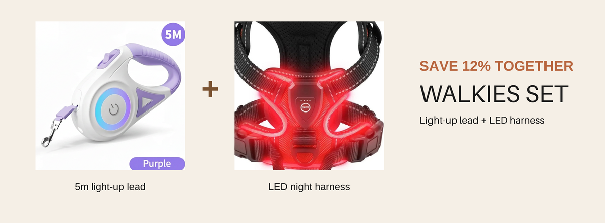 Walkies Set offer banner, save 12% together, light-up lead plus LED harness — SniffWaggleNWalk™