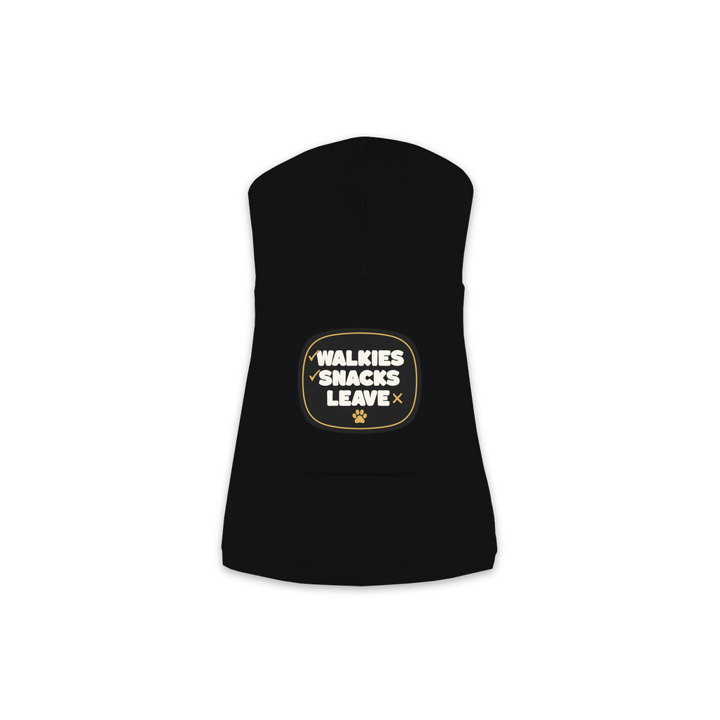 Walkies Snacks Leave Dog Hoodie in Black, sizes XS to M