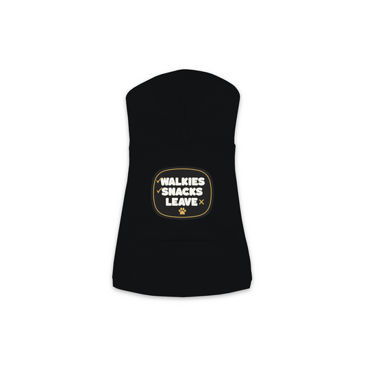 Walkies Snacks Leave Dog Hoodie in Black, sizes XS to M