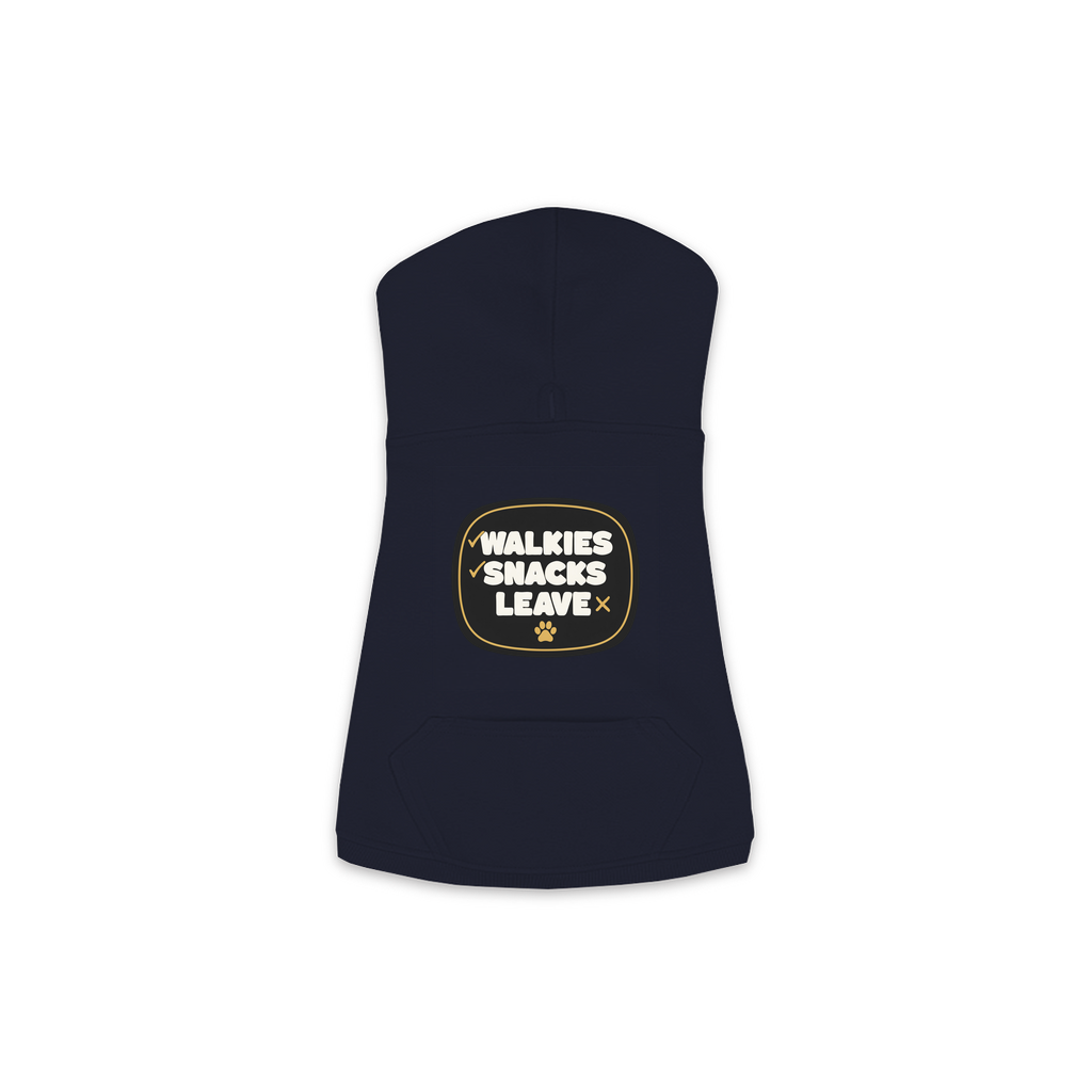 Walkies Snacks Leave Dog Hoodie in Navy, sizes XS to M