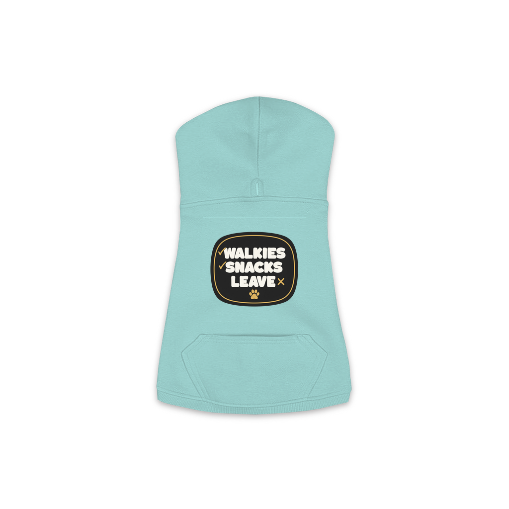 Walkies Snacks Leave Dog Hoodie in Saltwater, sizes XS to M