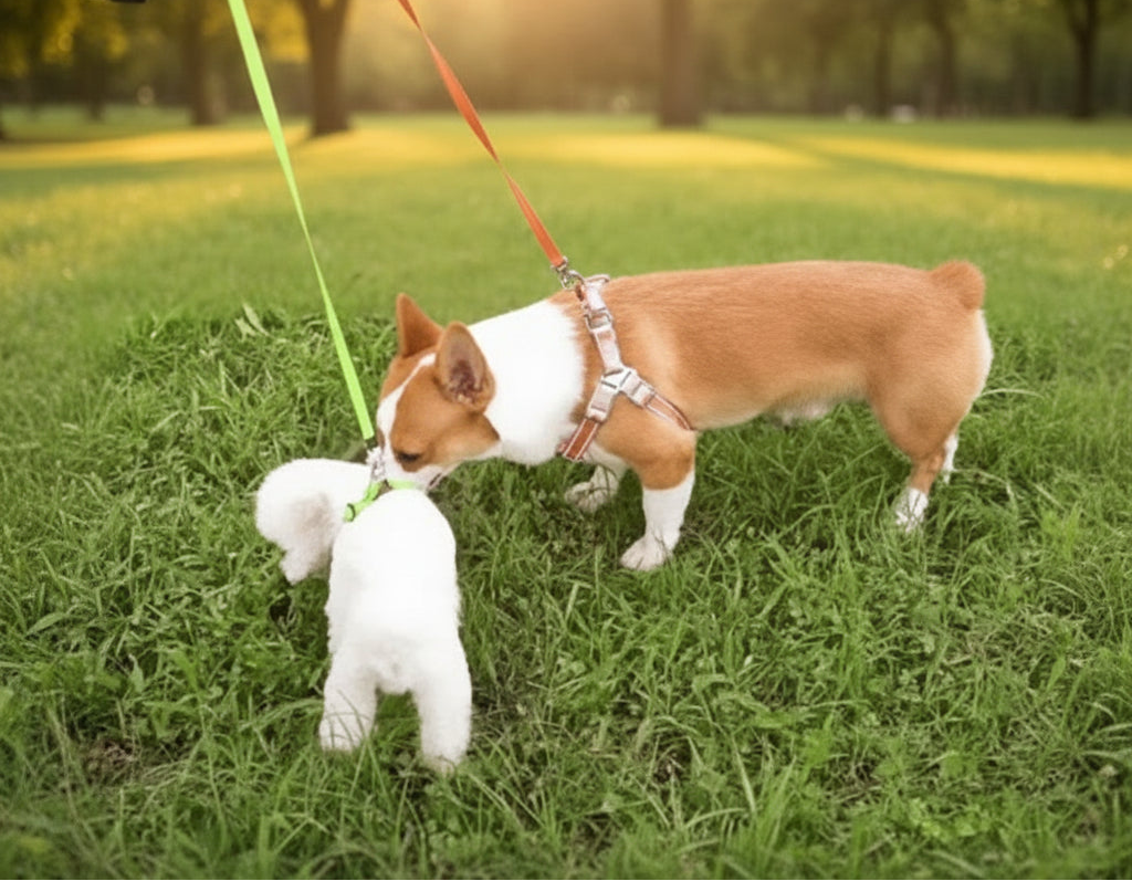 Two dogs on leashes sniffing each other in a grassy area