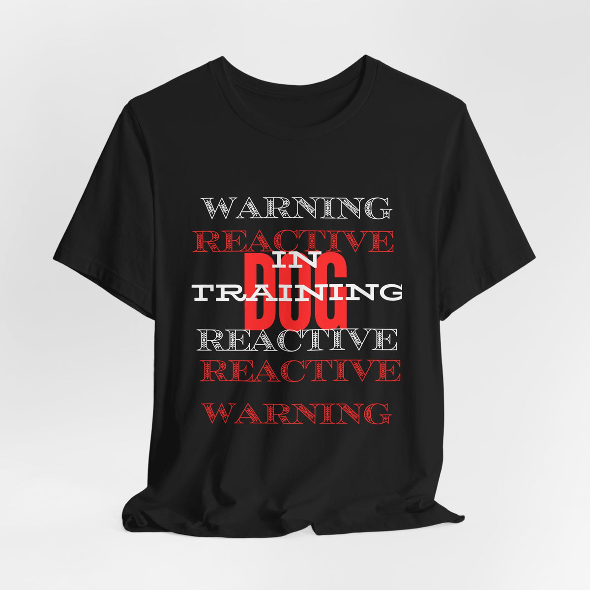 Warning Reactive Dog in Training t-shirt — front print view, give-me-space yellow dog ethos, Sniff Waggle And Walk