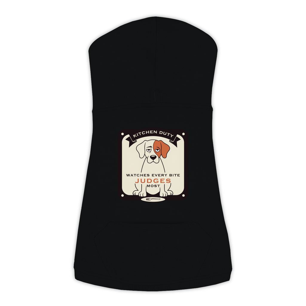 Watches Every Bite dog hoodie in black, sizes L to 3XL