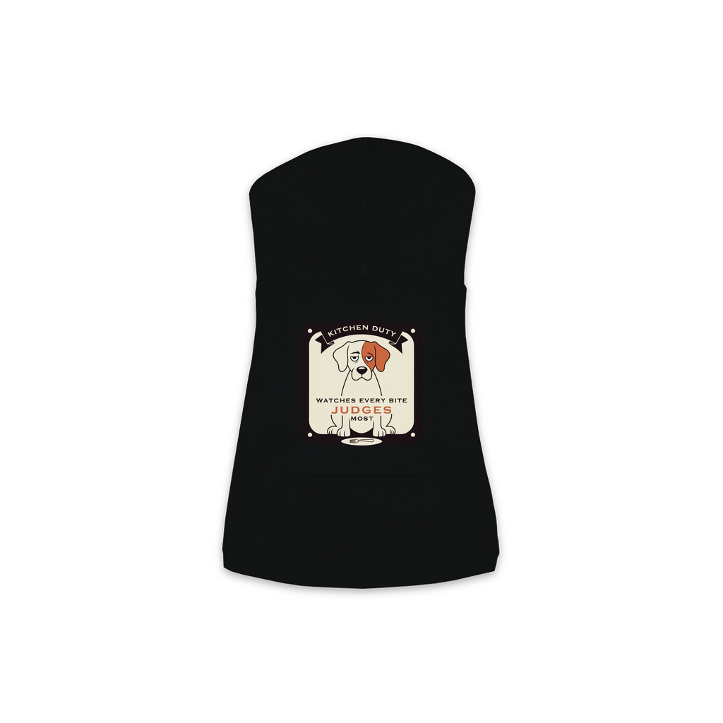 Watches Every Bite dog hoodie in black, sizes XS to M