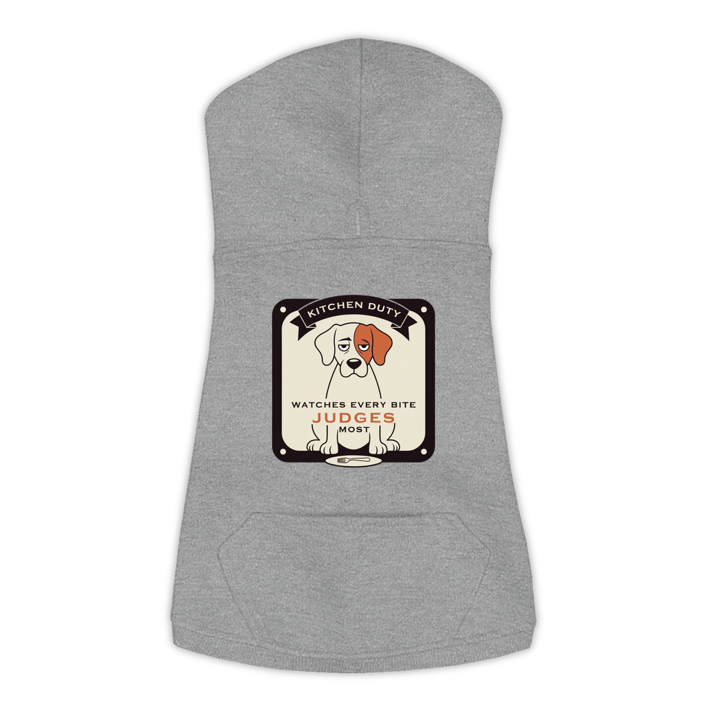 Watches Every Bite dog hoodie in granite heather grey, sizes L to 3XL