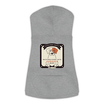 Watches Every Bite dog hoodie in granite heather grey, sizes L to 3XL