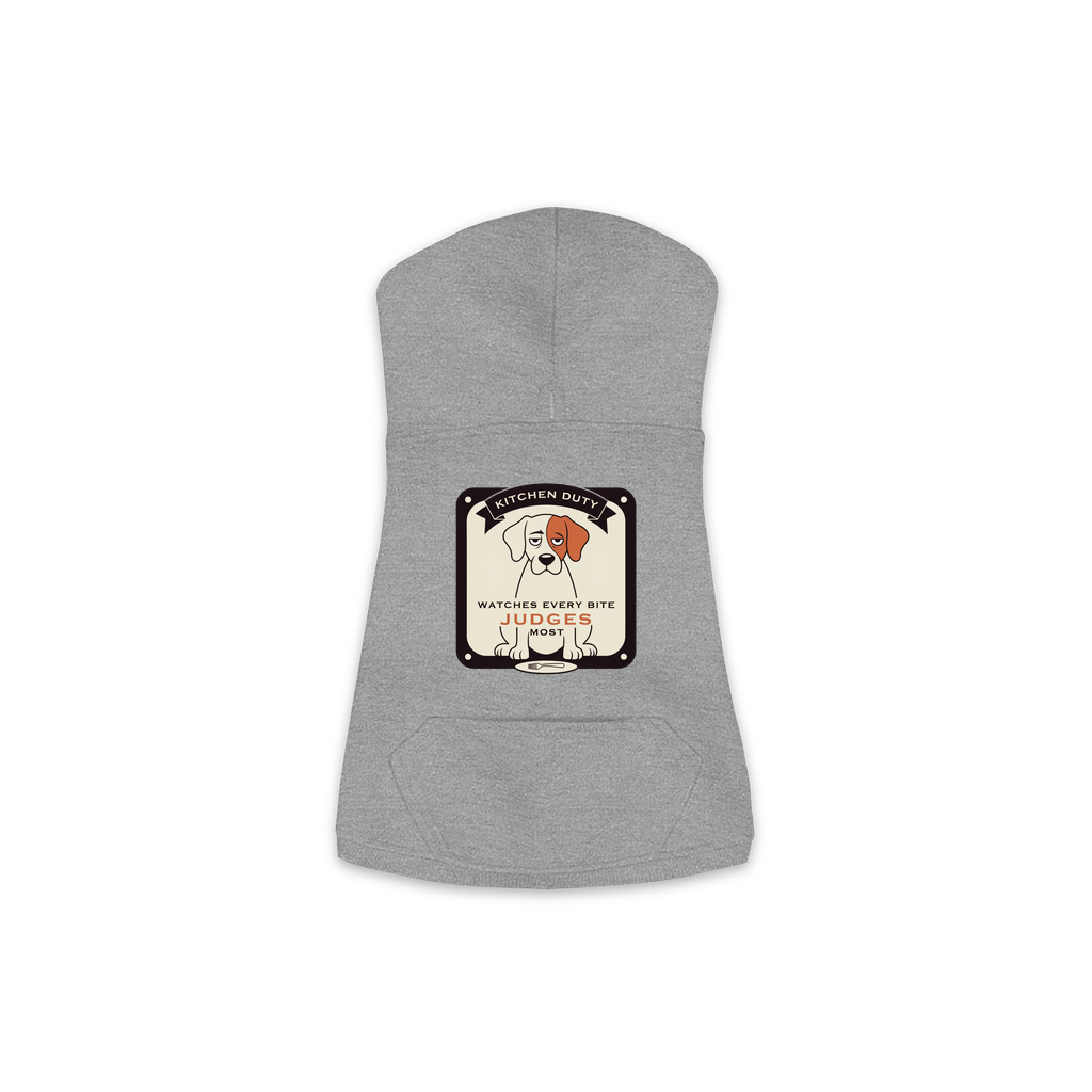 Watches Every Bite dog hoodie in granite heather grey, sizes XS to M